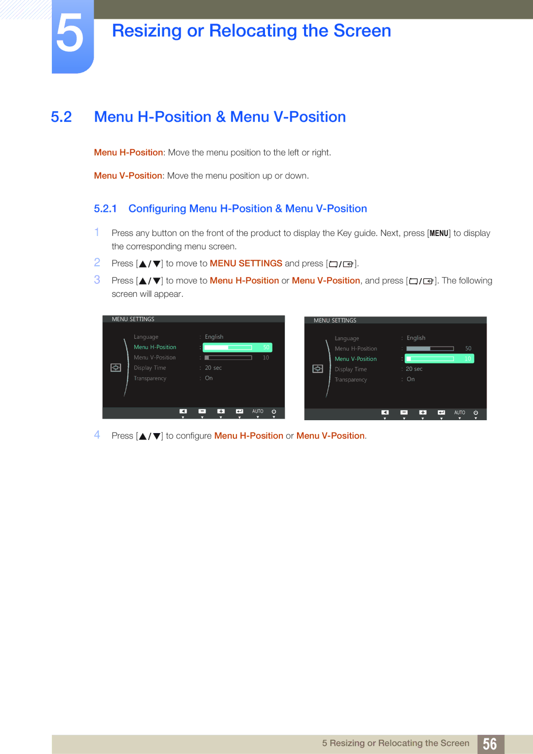 Samsung LS27C45UDS/EN, LS24C45UDW/EN, LS24C45UDW/CI, LS27C45UDS/CI manual Configuring Menu H-Position & Menu V-Position 