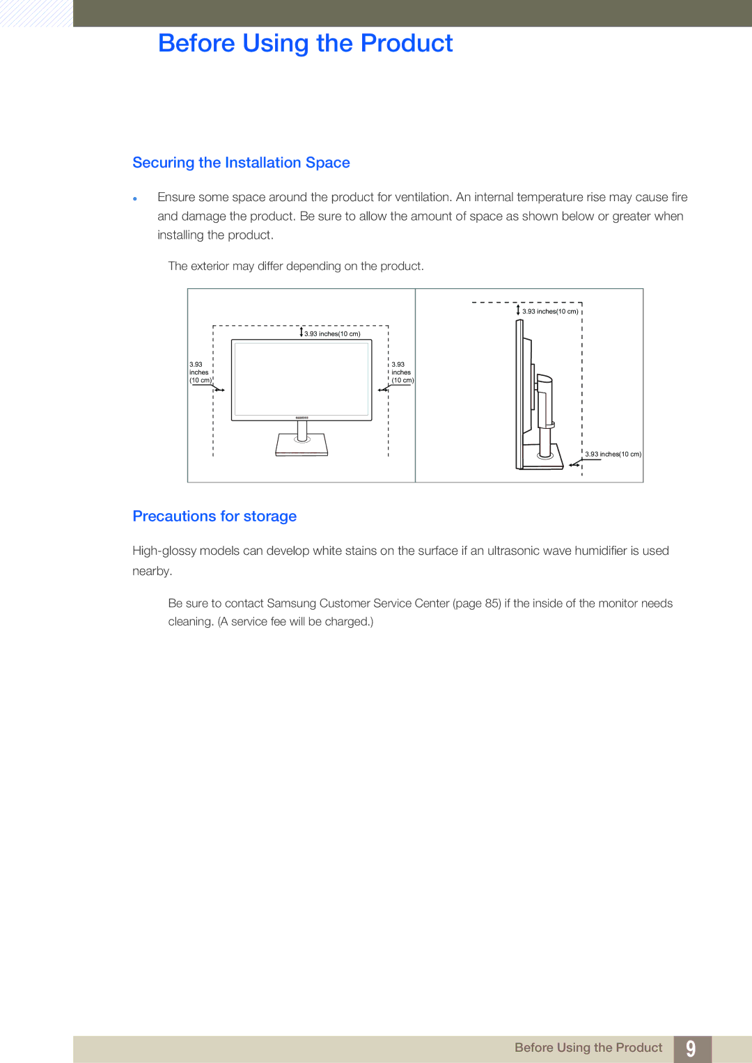 Samsung LS24C45UDW/EN, LS27C45UDS/EN, LS24C45UDW/CI, LS27C45UDS/CI Securing the Installation Space, Precautions for storage 