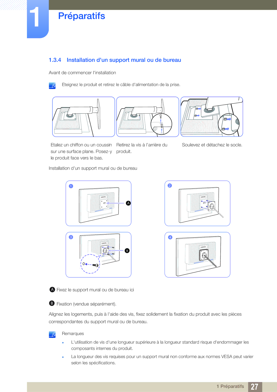 Samsung LS24C45UDW/EN, LS27C45UDS/EN manual Installation dun support mural ou de bureau 