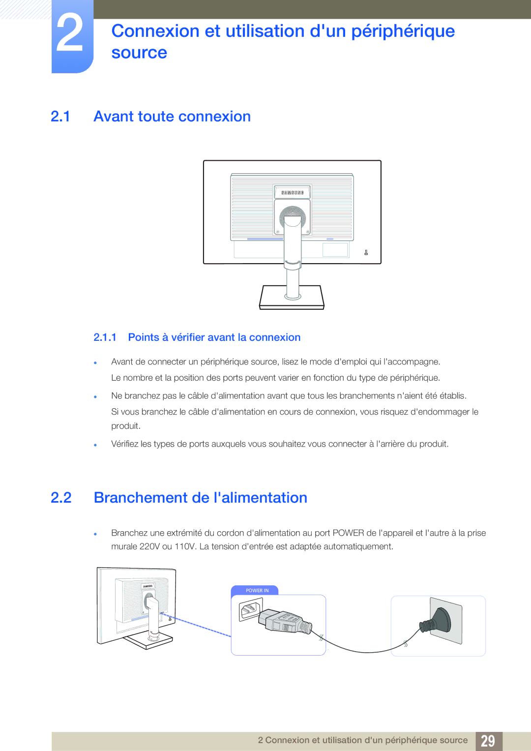 Samsung LS24C45UDW/EN Connexionsource et utilisation dun périphérique, Avant toute connexion, Branchement de lalimentation 