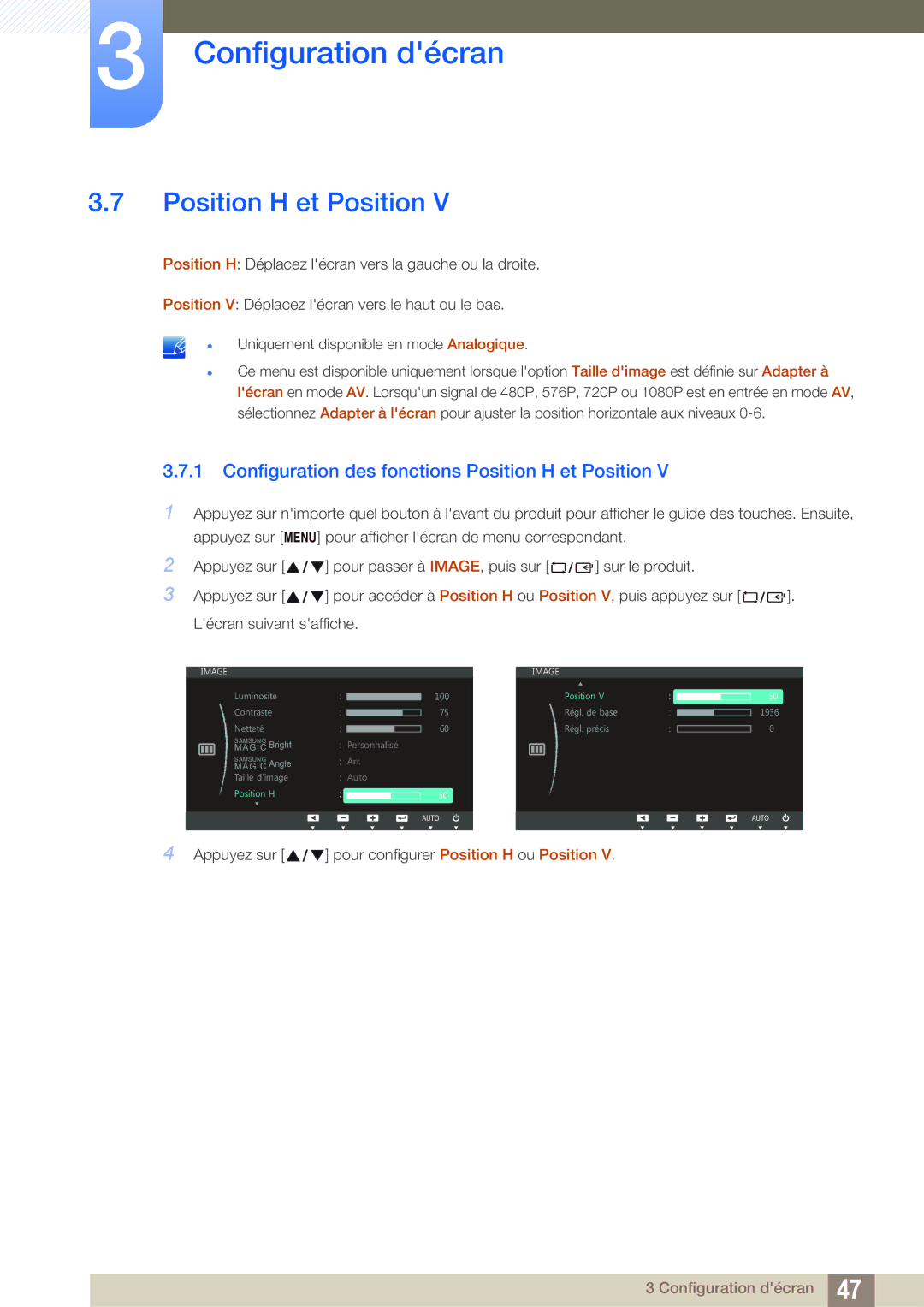 Samsung LS24C45UDW/EN, LS27C45UDS/EN manual Configuration des fonctions Position H et Position 