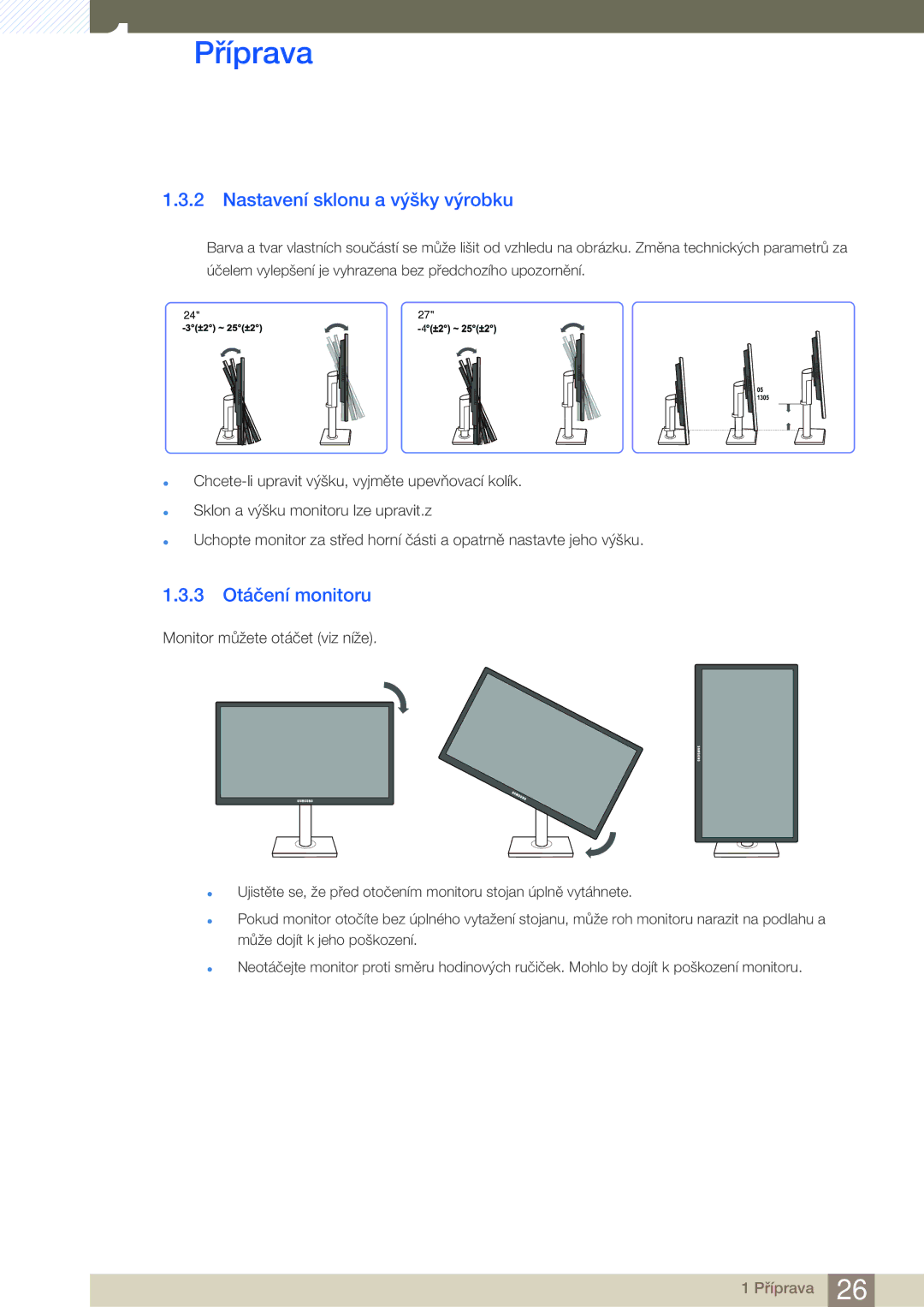 Samsung LS27C45UDS/EN, LS24C45UDW/EN manual Nastavení sklonu a výšky výrobku, 3 Otáčení monitoru 