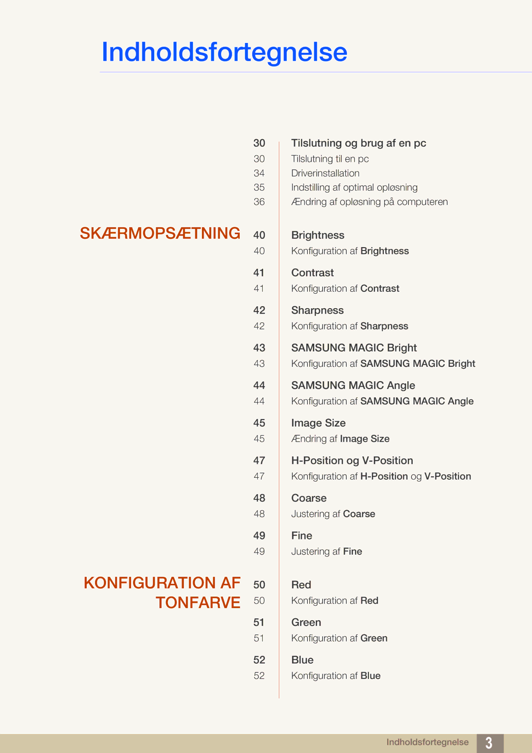 Samsung LS24C45UDW/EN, LS27C45UDS/EN manual Skærmopsætning Konfiguration AF Tonfarve 