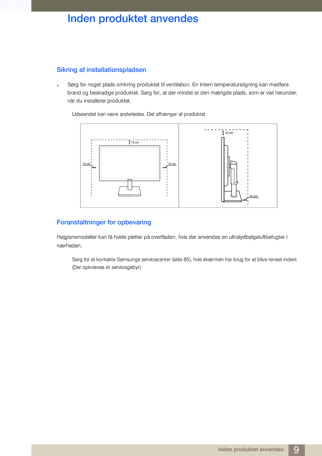 Samsung LS24C45UDW/EN, LS27C45UDS/EN manual Sikring af installationspladsen, Foranstaltninger for opbevaring 