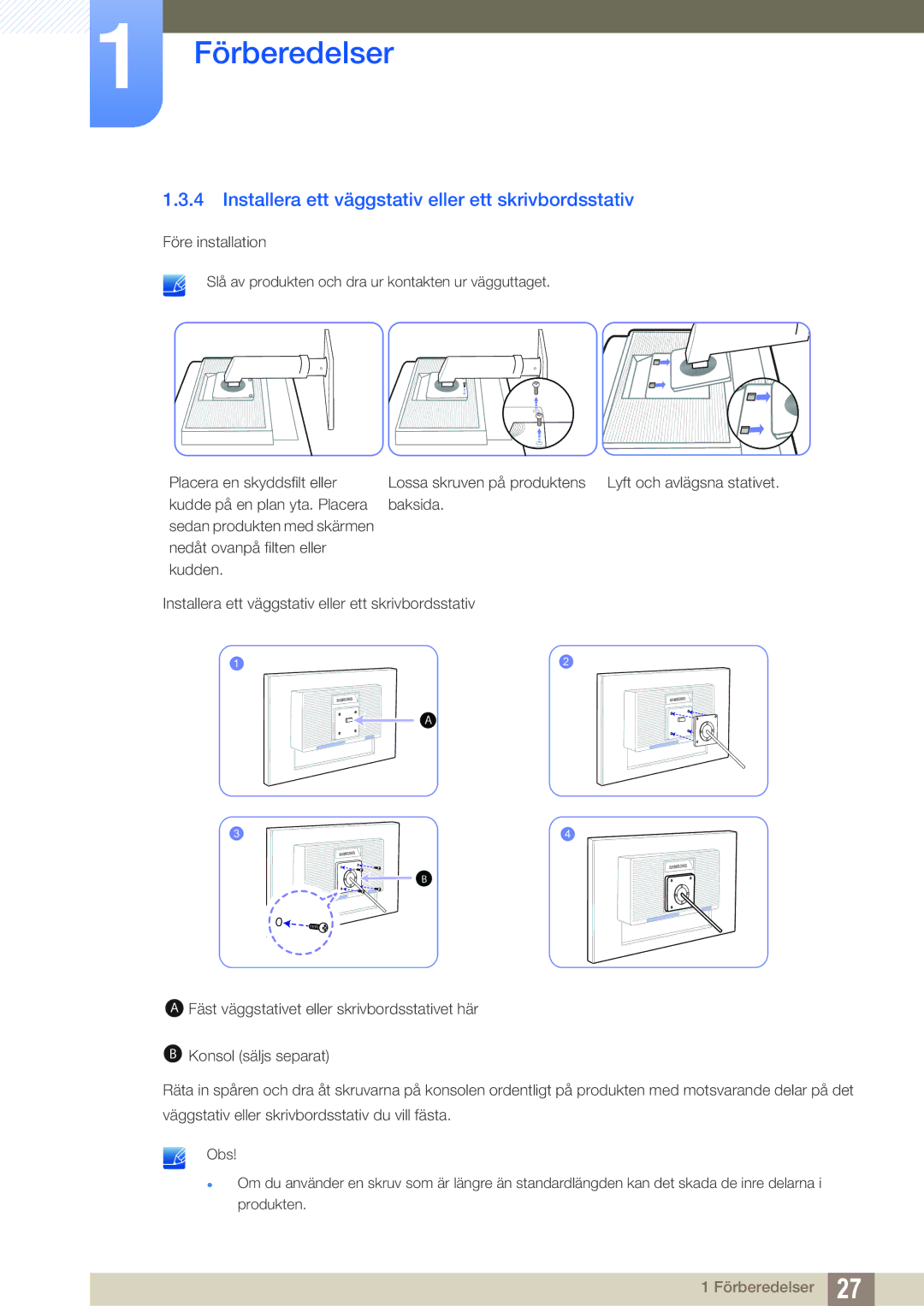 Samsung LS24C45UDW/EN, LS27C45UDS/EN manual Installera ett väggstativ eller ett skrivbordsstativ 