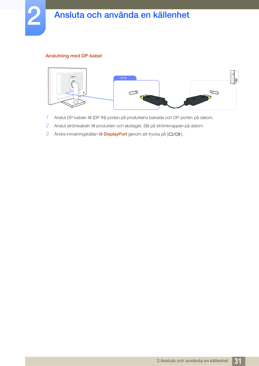 Samsung LS24C45UDW/EN, LS27C45UDS/EN manual Anslutning med DP-kabel 