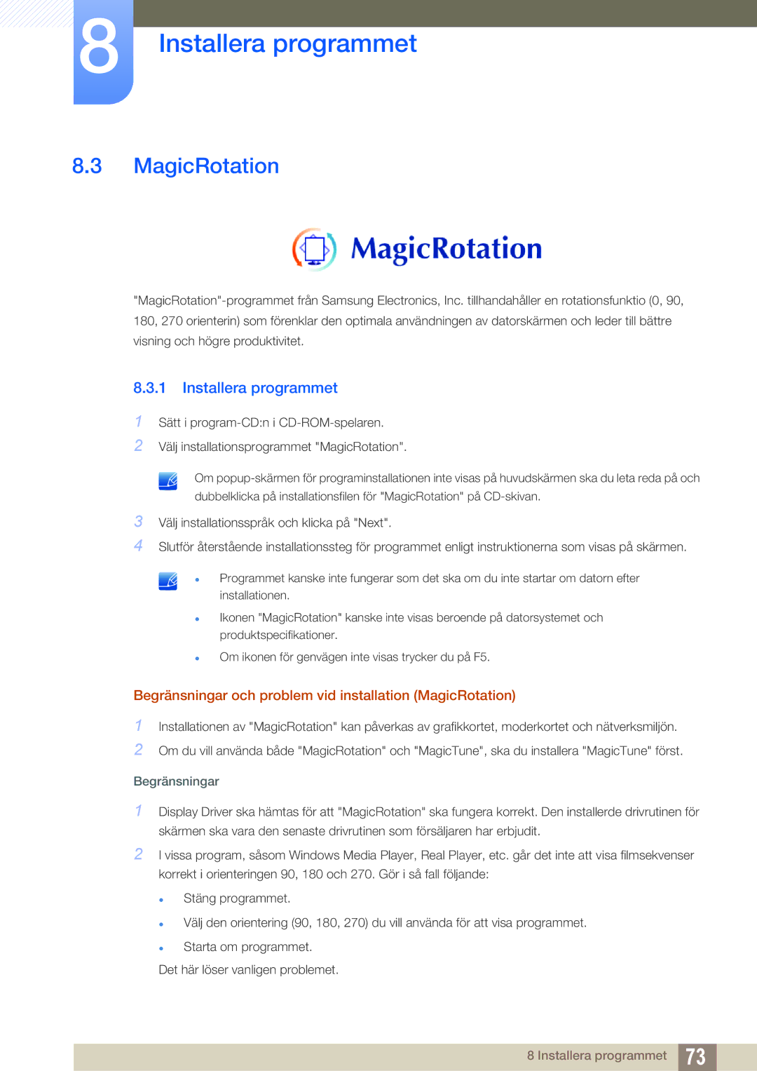 Samsung LS24C45UDW/EN, LS27C45UDS/EN manual Begränsningar och problem vid installation MagicRotation 