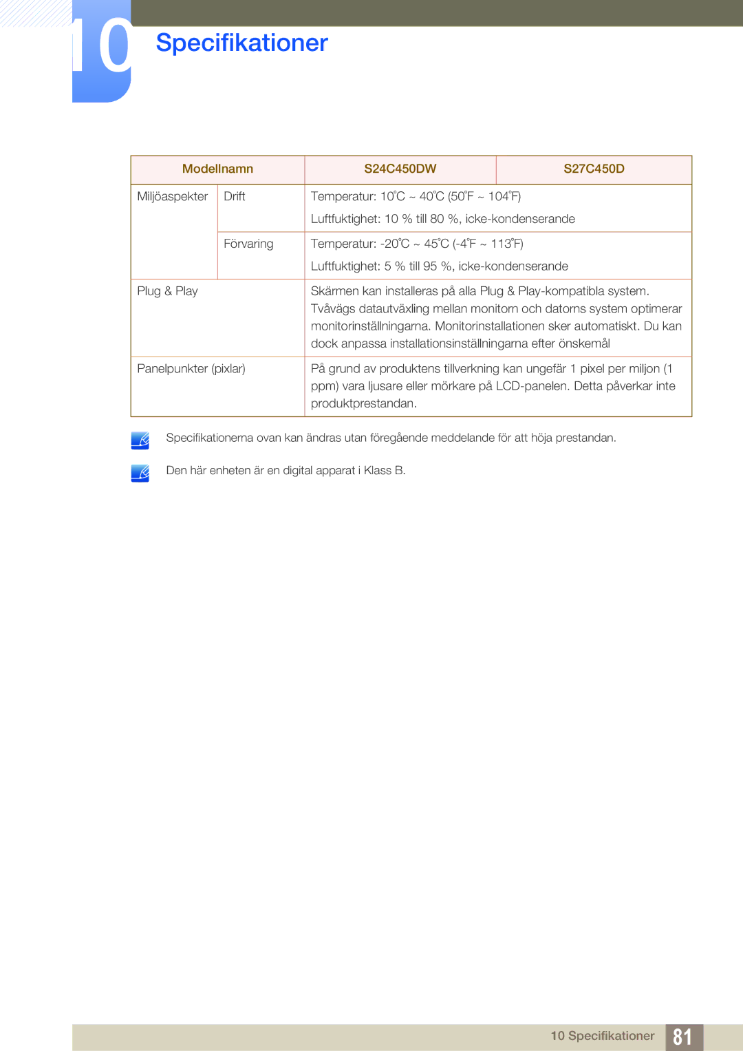 Samsung LS24C45UDW/EN, LS27C45UDS/EN manual Specifikationer 