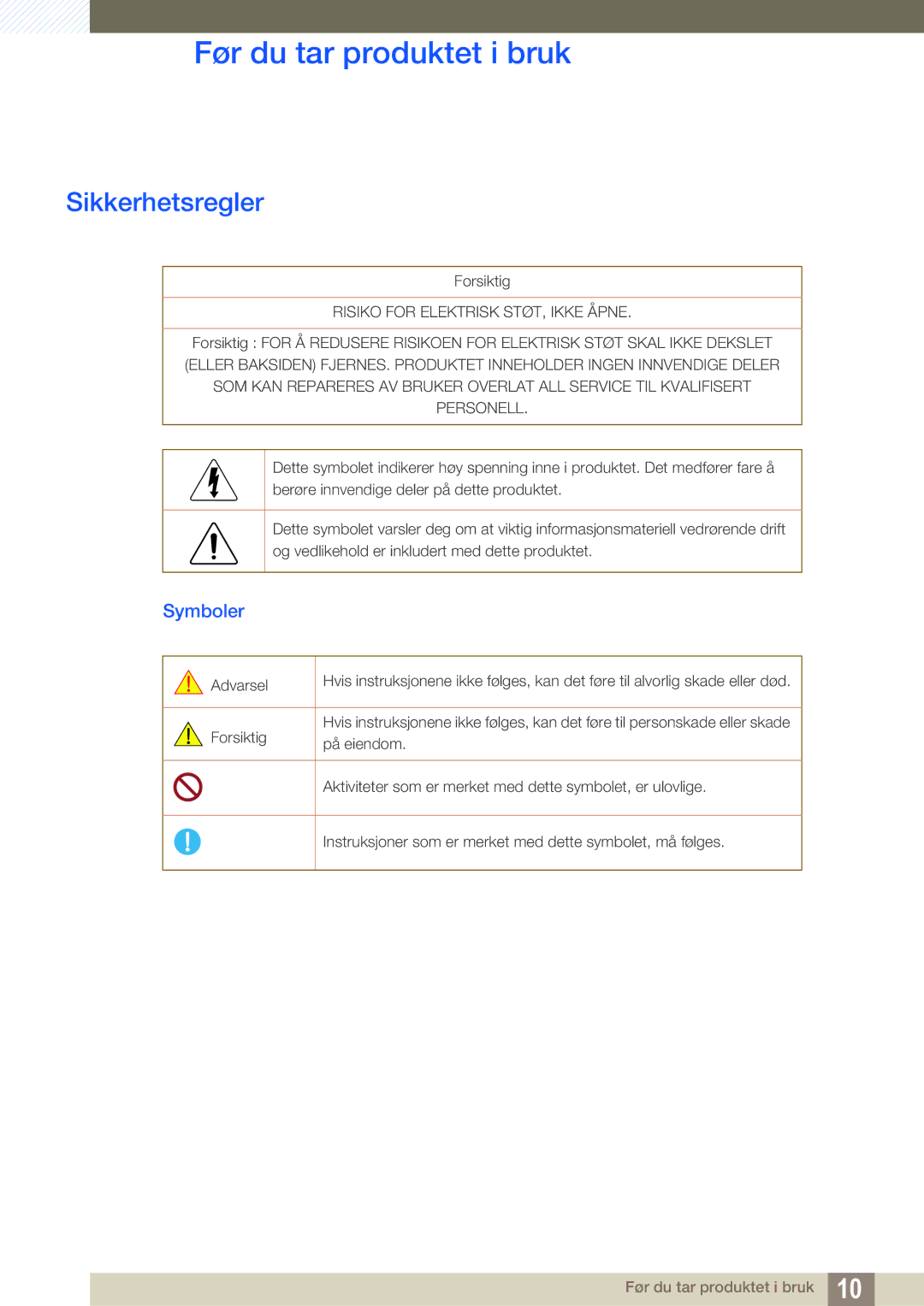 Samsung LS27C45UDS/EN, LS24C45UDW/EN manual Sikkerhetsregler, Symboler 