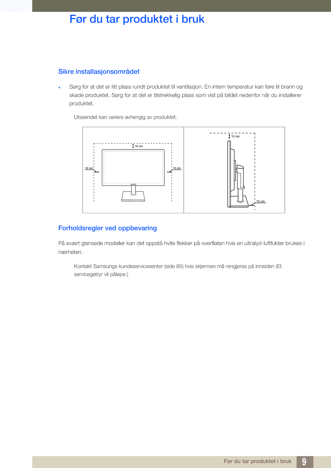 Samsung LS24C45UDW/EN, LS27C45UDS/EN manual Sikre installasjonsområdet, Forholdsregler ved oppbevaring 