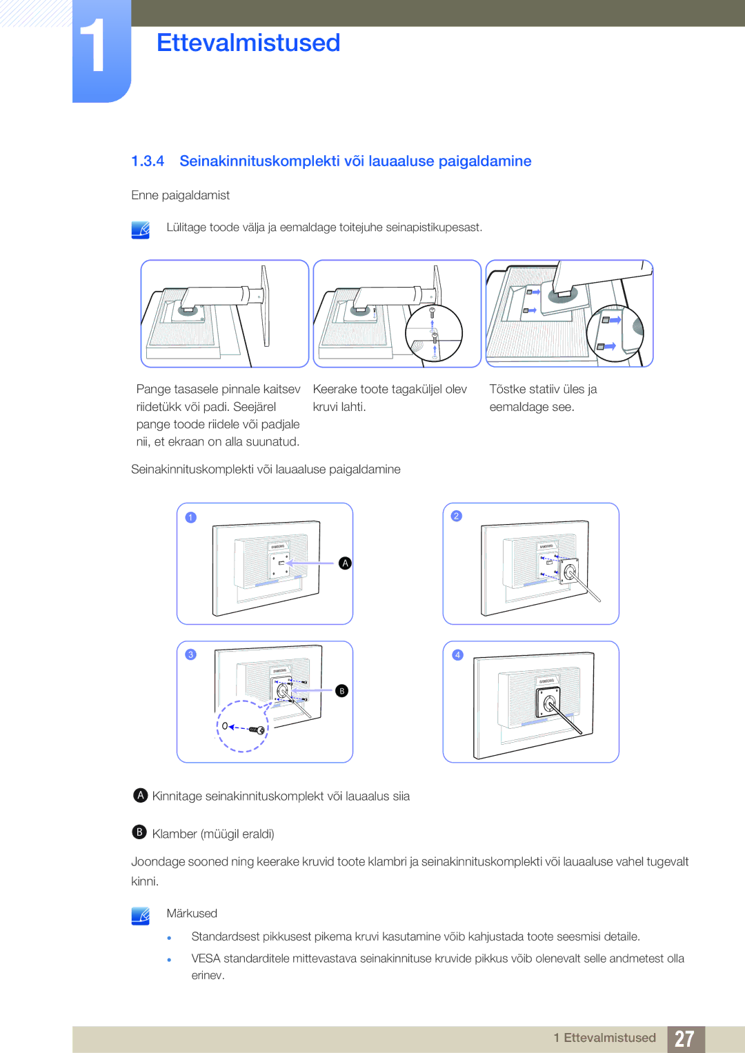 Samsung LS24C45UDW/EN, LS27C45UDS/EN manual Seinakinnituskomplekti või lauaaluse paigaldamine 