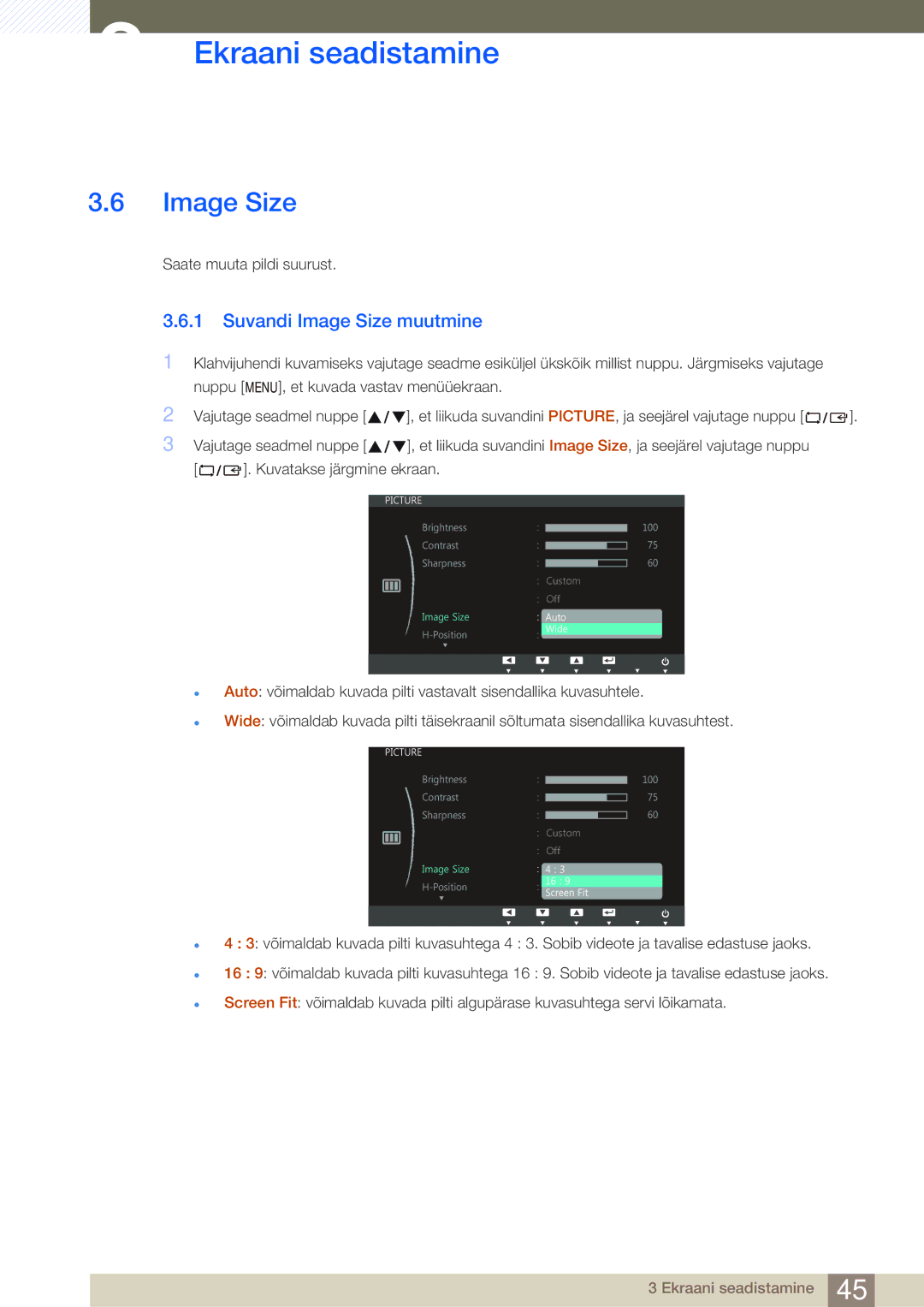 Samsung LS24C45UDW/EN, LS27C45UDS/EN manual Suvandi Image Size muutmine 