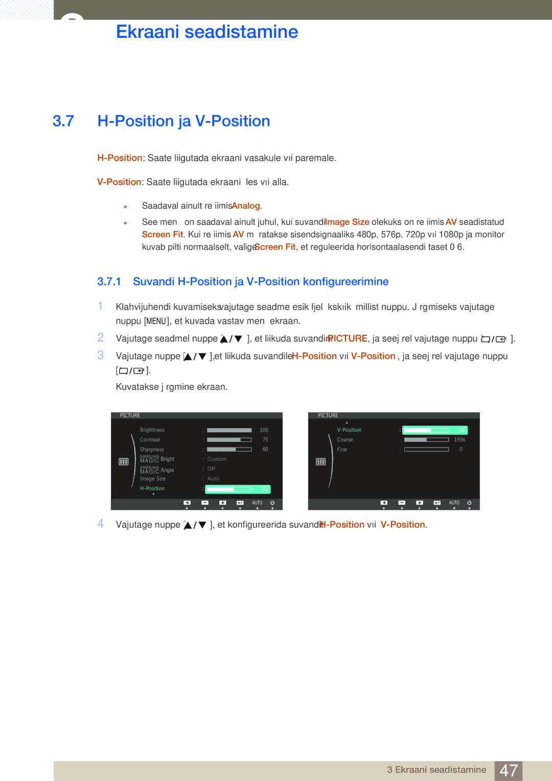 Samsung LS24C45UDW/EN, LS27C45UDS/EN manual Suvandi H-Position ja V-Position konfigureerimine 