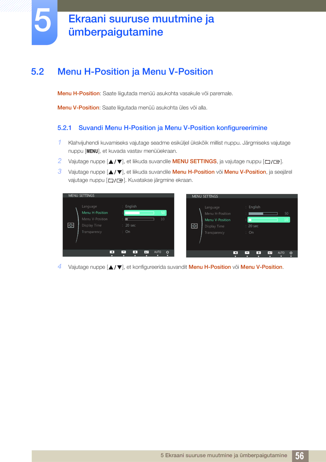 Samsung LS27C45UDS/EN, LS24C45UDW/EN manual Suvandi Menu H-Position ja Menu V-Position konfigureerimine 