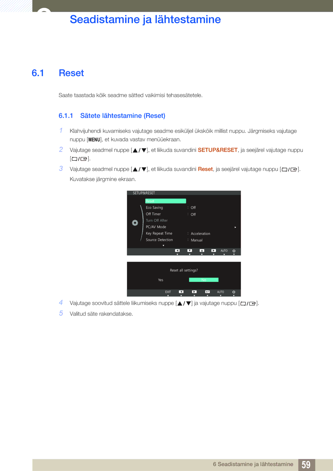 Samsung LS24C45UDW/EN, LS27C45UDS/EN manual Seadistamine ja lähtestamine, 1 Sätete lähtestamine Reset 