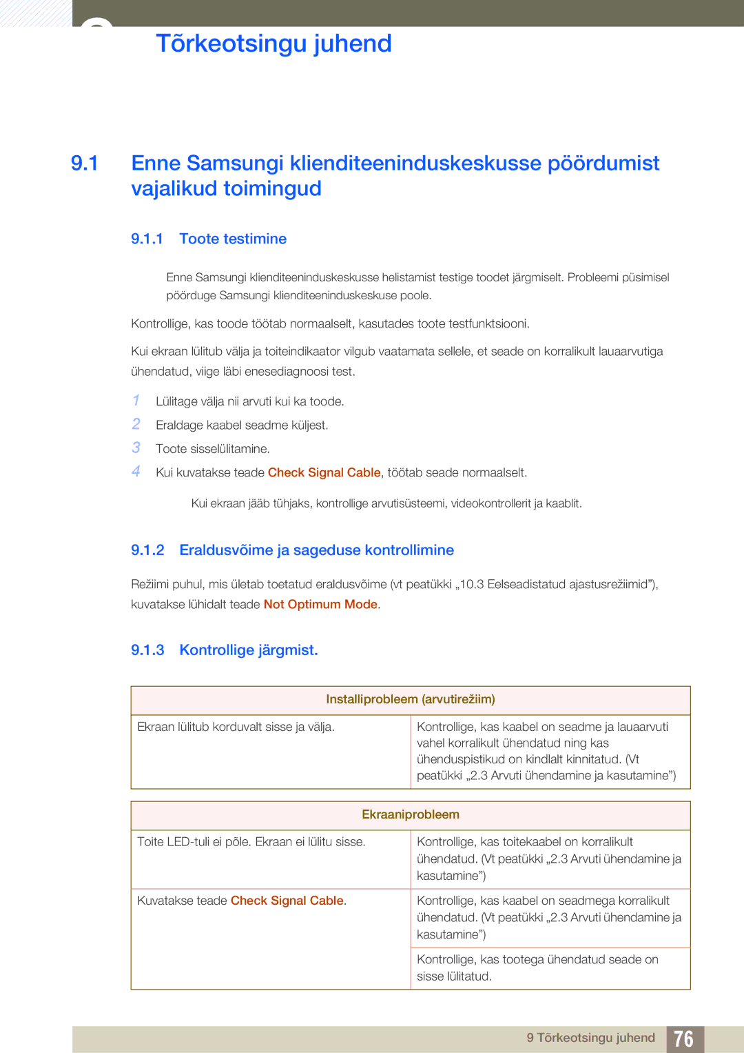 Samsung LS27C45UDS/EN Tõrkeotsingu juhend, Toote testimine, Eraldusvõime ja sageduse kontrollimine, Kontrollige järgmist 