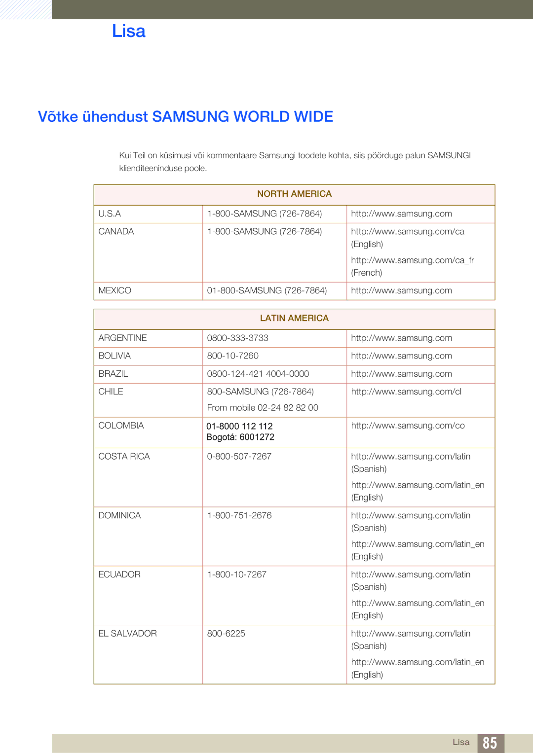 Samsung LS24C45UDW/EN, LS27C45UDS/EN manual Lisa, Võtke ühendust Samsung World Wide 