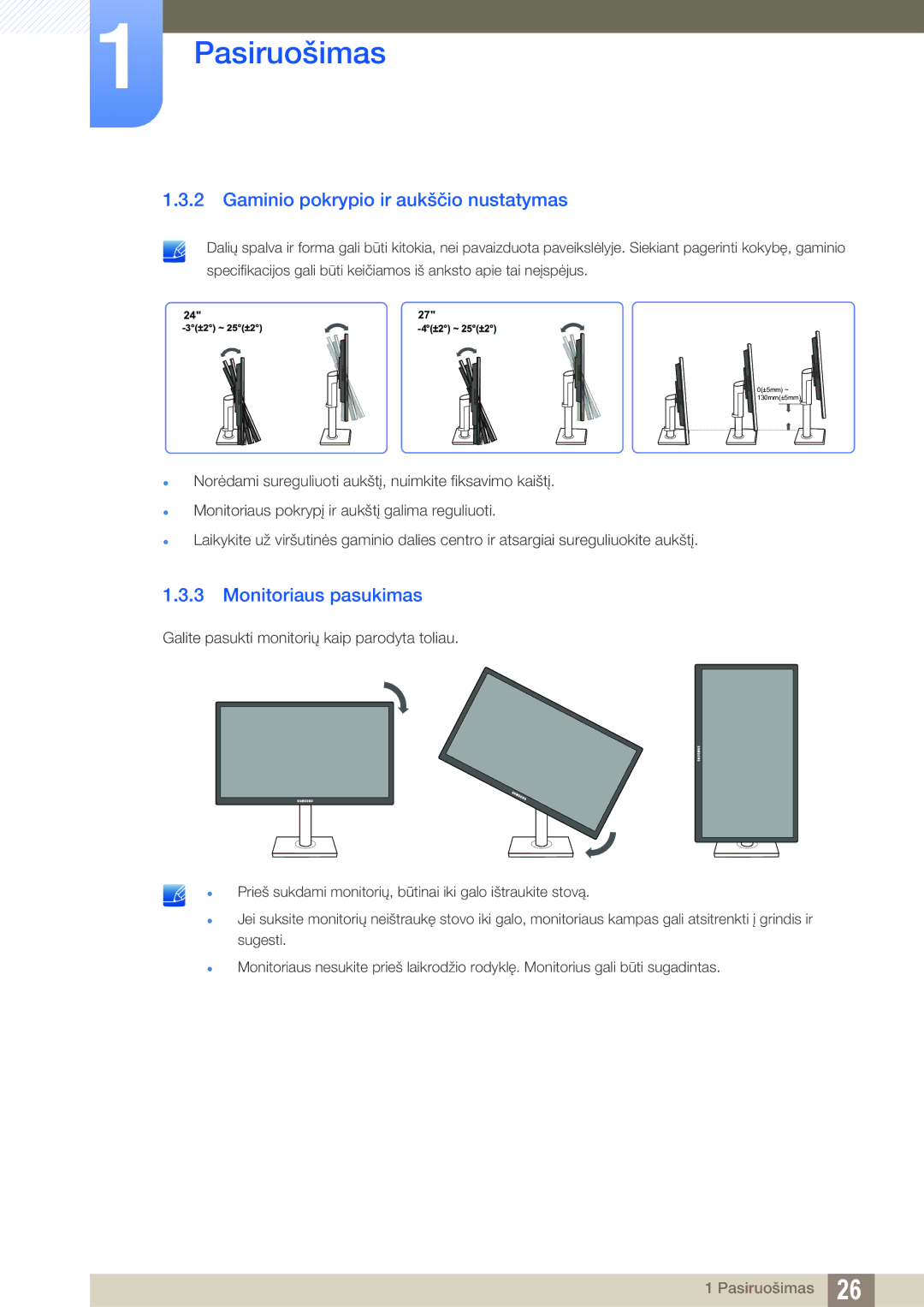 Samsung LS27C45UDS/EN, LS24C45UDW/EN manual Gaminio pokrypio ir aukščio nustatymas, Monitoriaus pasukimas 