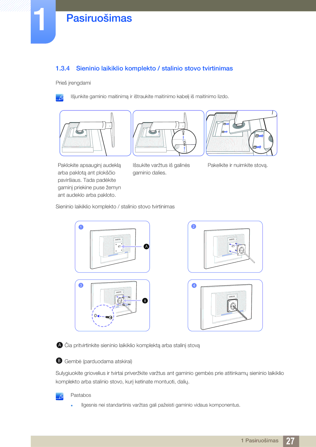 Samsung LS24C45UDW/EN, LS27C45UDS/EN manual Sieninio laikiklio komplekto / stalinio stovo tvirtinimas 