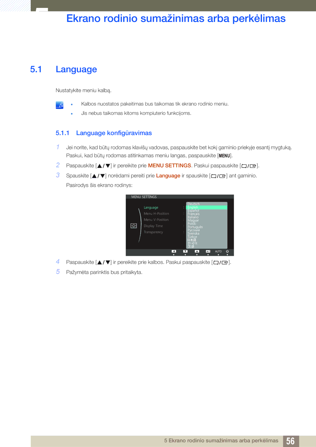 Samsung LS27C45UDS/EN, LS24C45UDW/EN manual Ekrano rodinio sumažinimas arba perkėlimas, Language konfigūravimas 