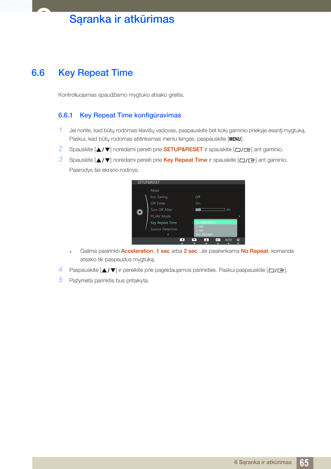 Samsung LS24C45UDW/EN, LS27C45UDS/EN manual Key Repeat Time konfigūravimas 