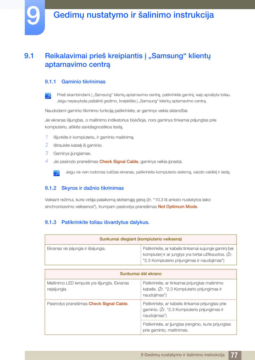 Samsung LS24C45UDW/EN manual Gedimų nustatymo ir šalinimo instrukcija, Gaminio tikrinimas, Skyros ir dažnio tikrinimas 