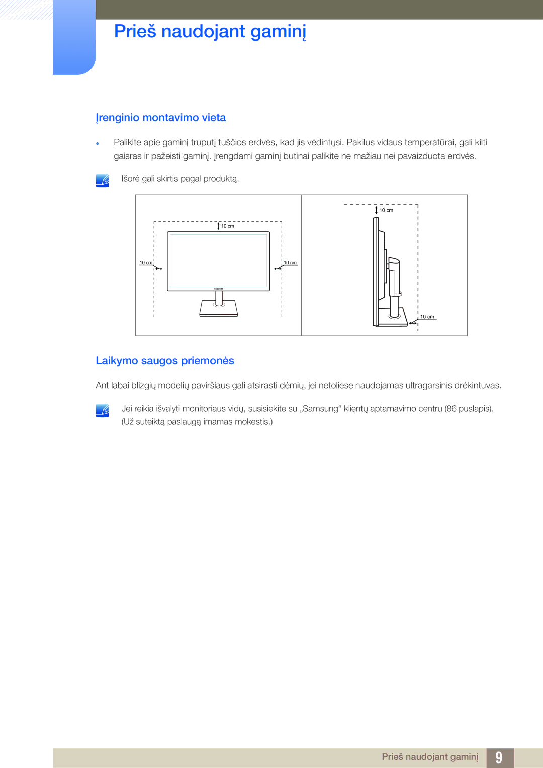 Samsung LS24C45UDW/EN, LS27C45UDS/EN manual Įrenginio montavimo vieta, Laikymo saugos priemonės 