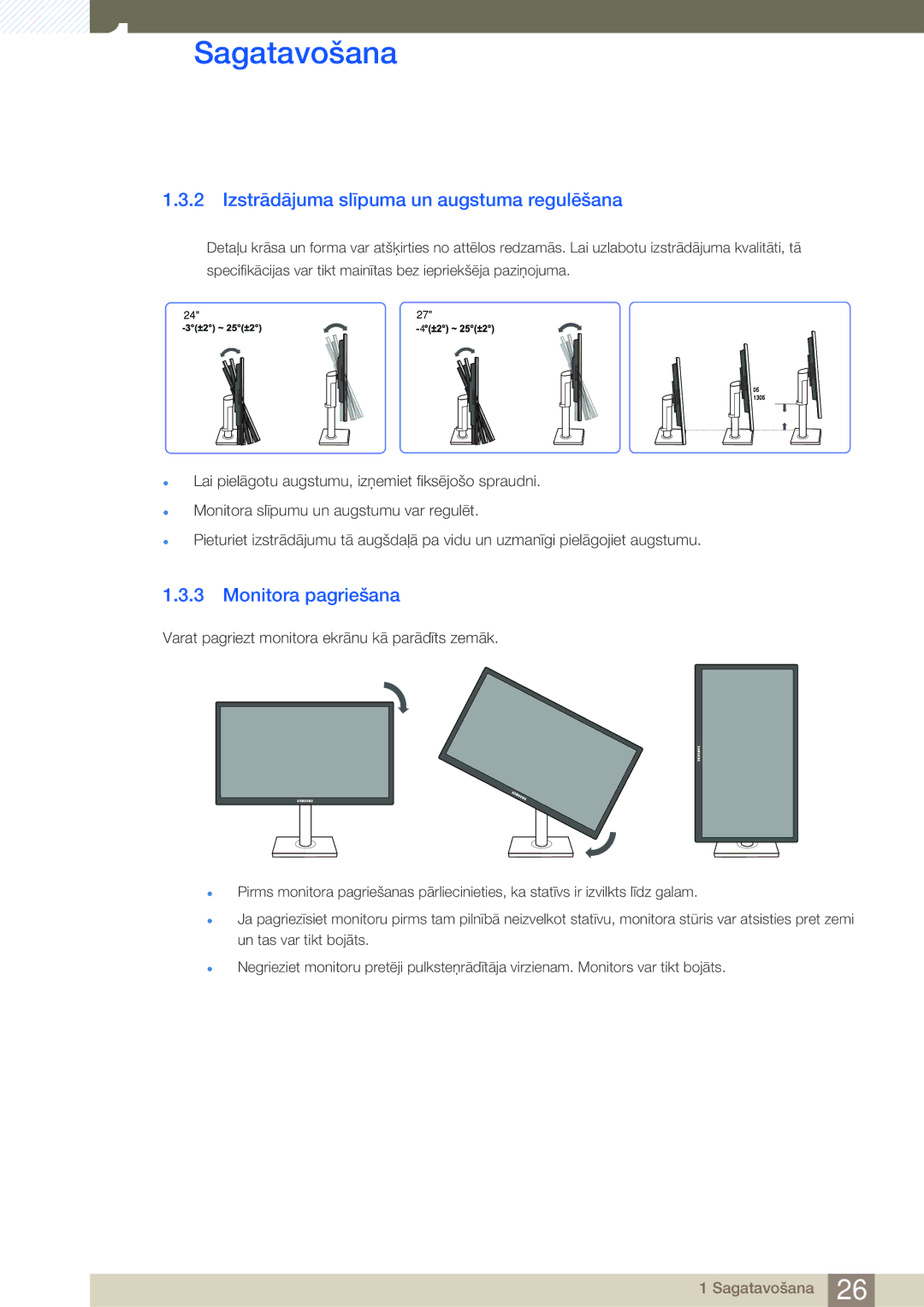 Samsung LS27C45UDS/EN, LS24C45UDW/EN manual Izstrādājuma slīpuma un augstuma regulēšana, Monitora pagriešana 