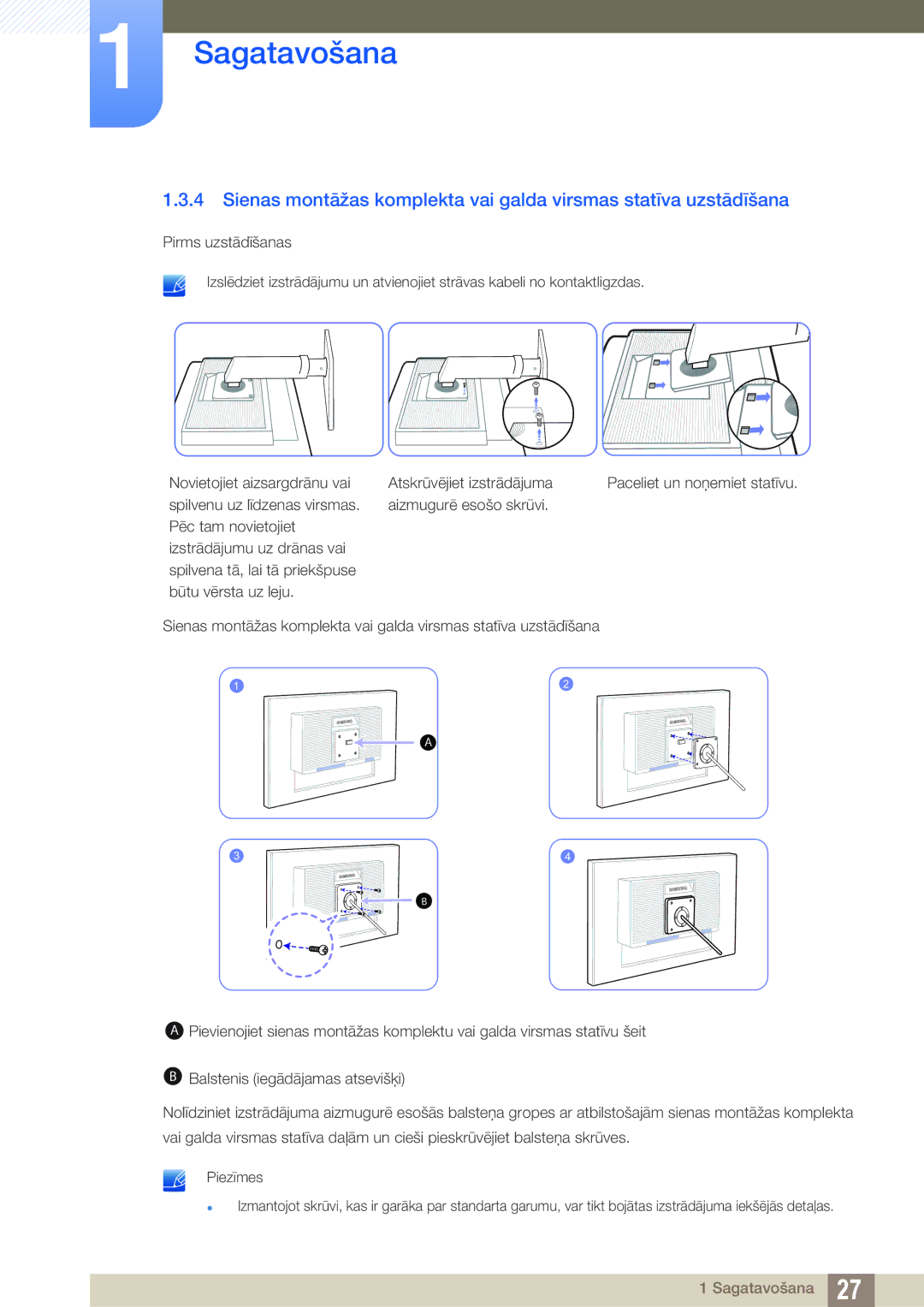 Samsung LS24C45UDW/EN, LS27C45UDS/EN manual Paceliet un noņemiet statīvu 