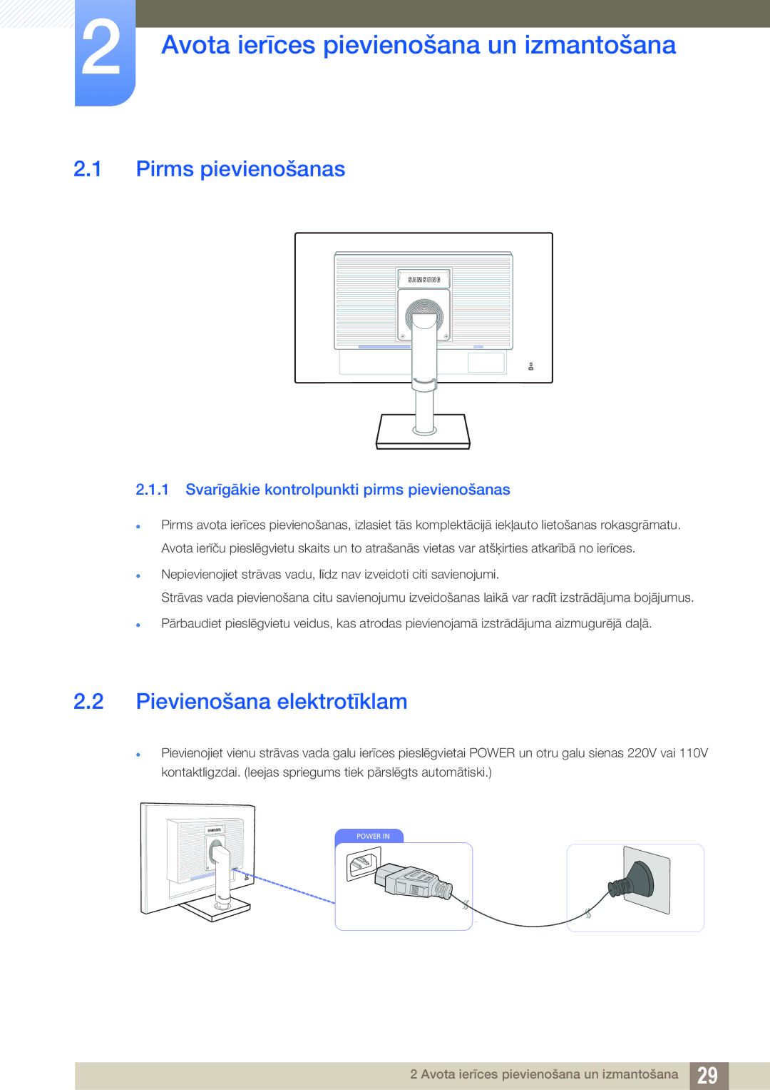 Samsung LS24C45UDW/EN manual Avota ierīces pievienošana un izmantošana, Pirms pievienošanas, Pievienošana elektrotīklam 