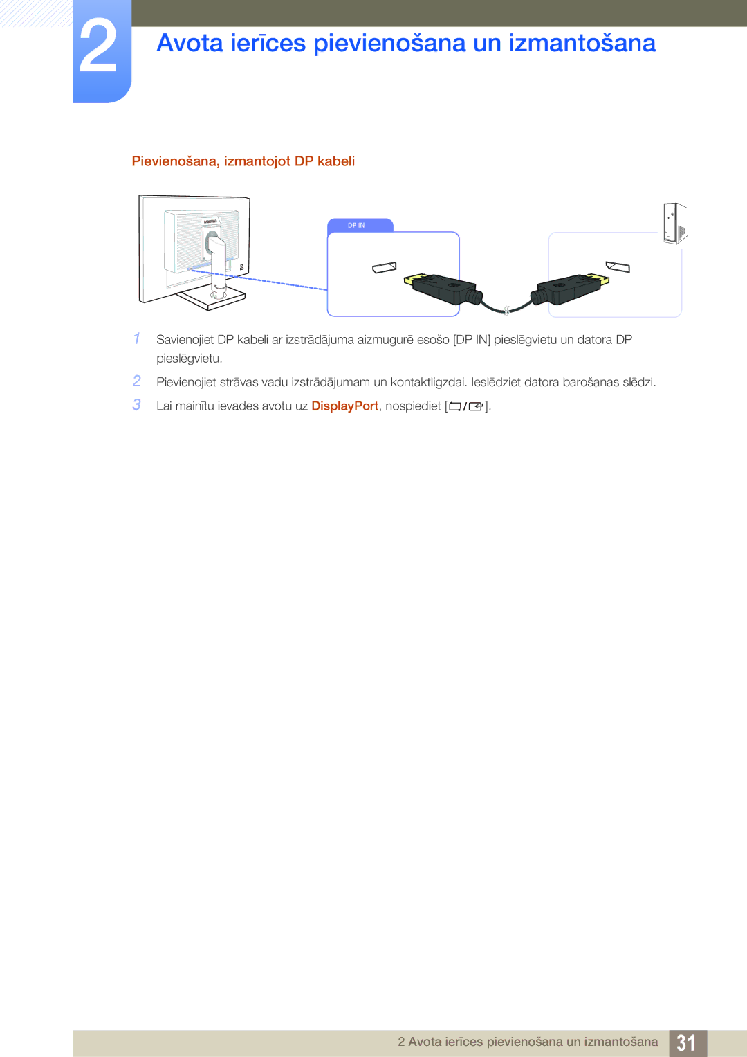 Samsung LS24C45UDW/EN, LS27C45UDS/EN manual Pievienošana, izmantojot DP kabeli 