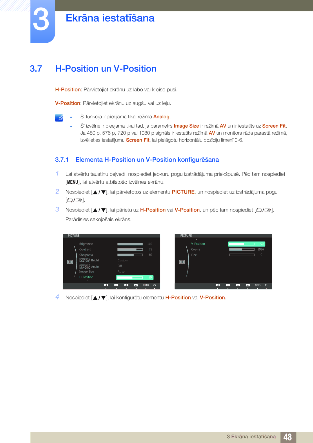 Samsung LS27C45UDS/EN, LS24C45UDW/EN manual Elementa H-Position un V-Position konfigurēšana 