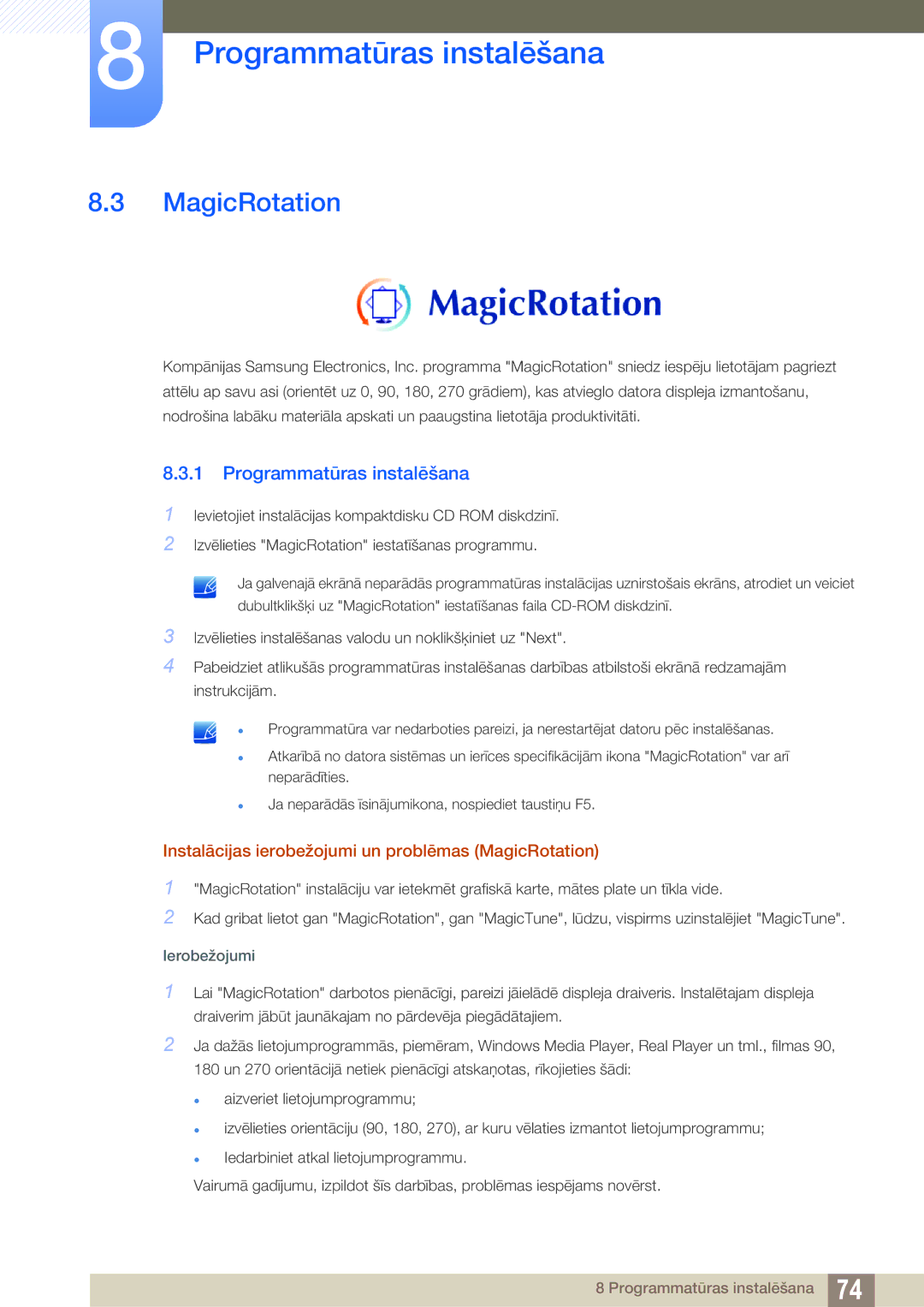 Samsung LS27C45UDS/EN, LS24C45UDW/EN manual Instalācijas ierobežojumi un problēmas MagicRotation 