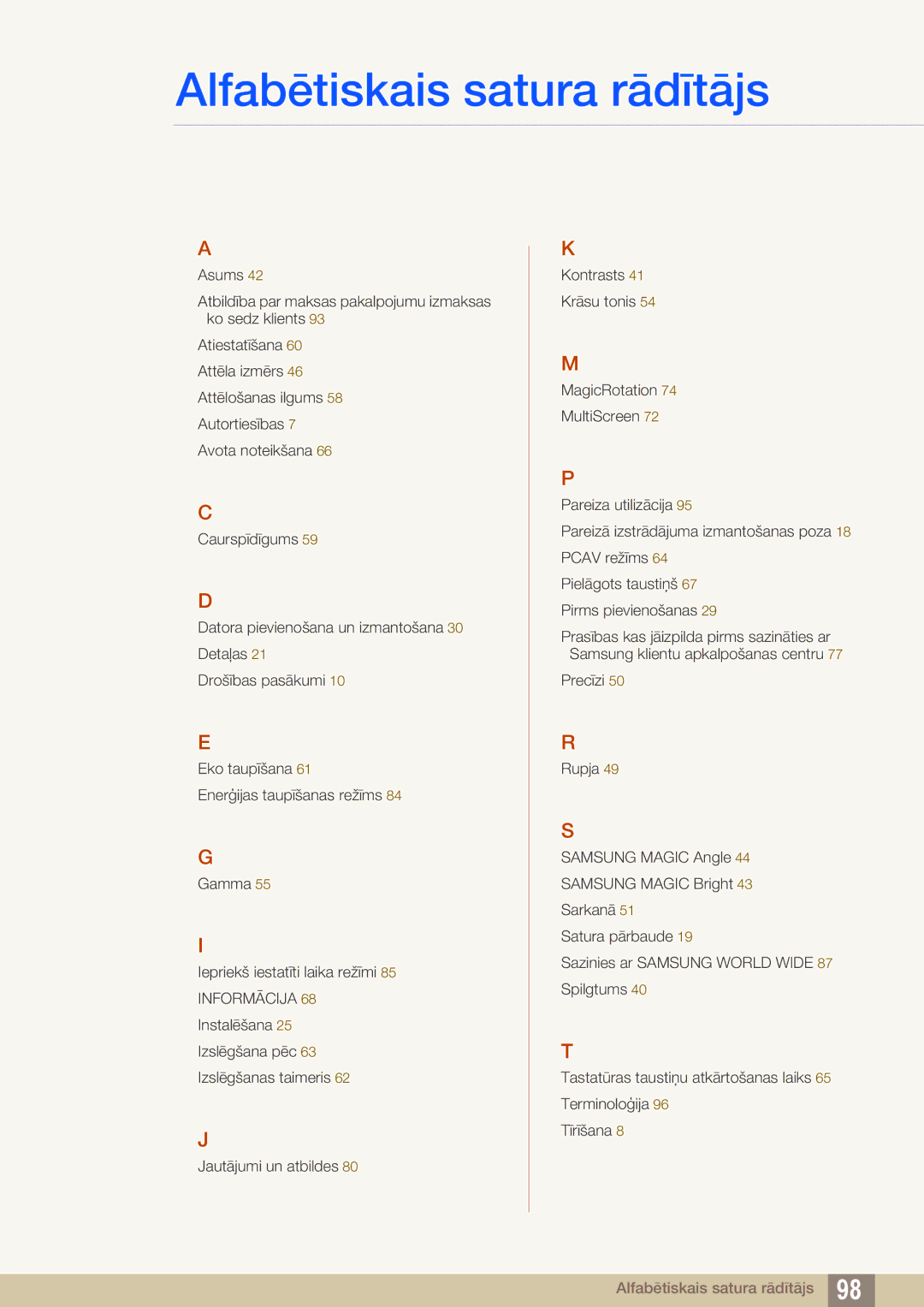 Samsung LS27C45UDS/EN, LS24C45UDW/EN manual Alfabētiskais satura rādītājs 