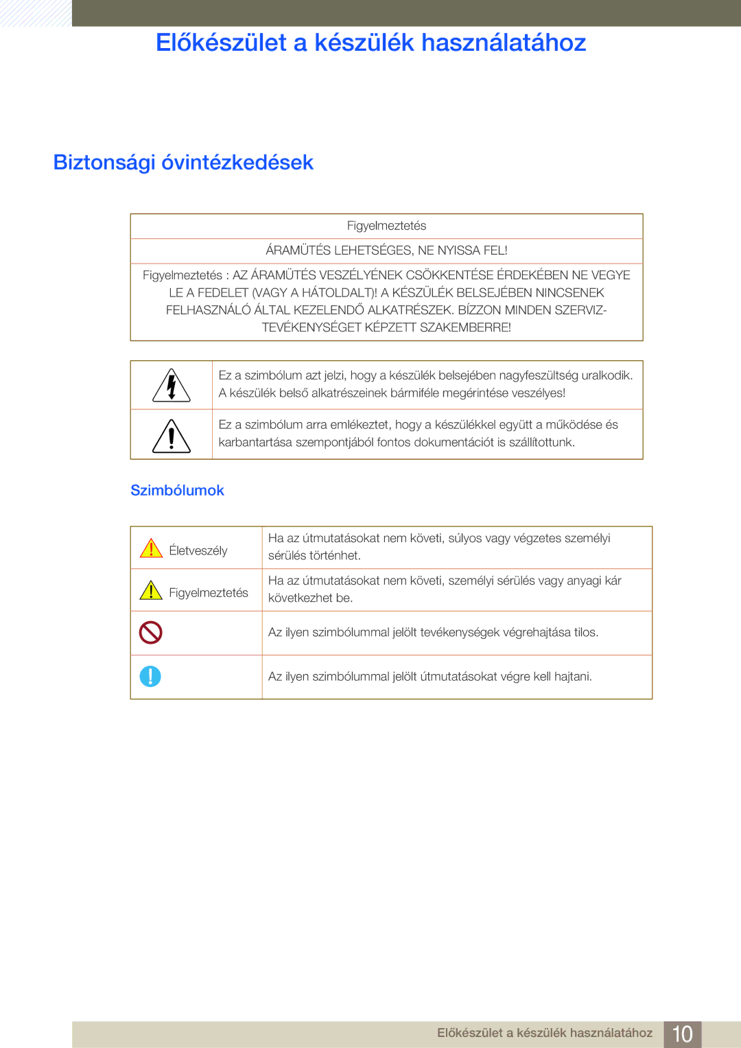 Samsung LS27C45UDS/EN, LS24C45UDW/EN manual Biztonsági óvintézkedések, Szimbólumok 