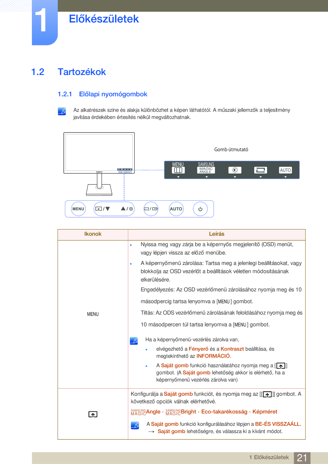 Samsung LS24C45UDW/EN, LS27C45UDS/EN manual Tartozékok, 1 Előlapi nyomógombok 