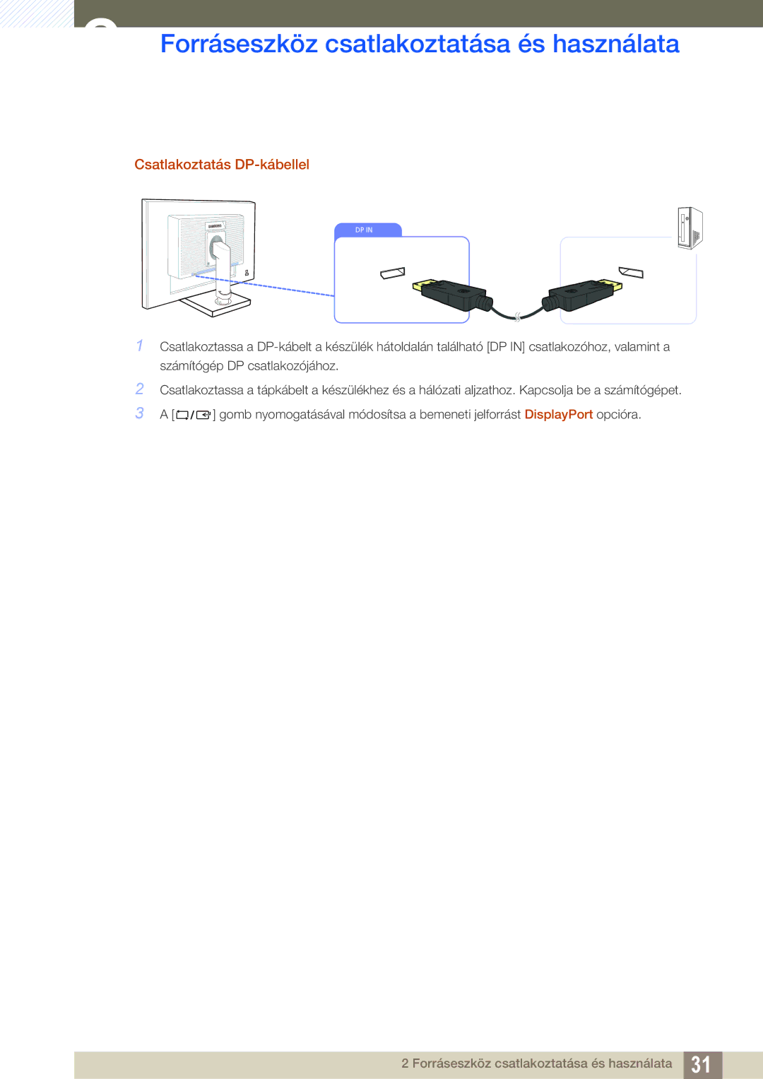 Samsung LS24C45UDW/EN, LS27C45UDS/EN manual Csatlakoztatás DP-kábellel 