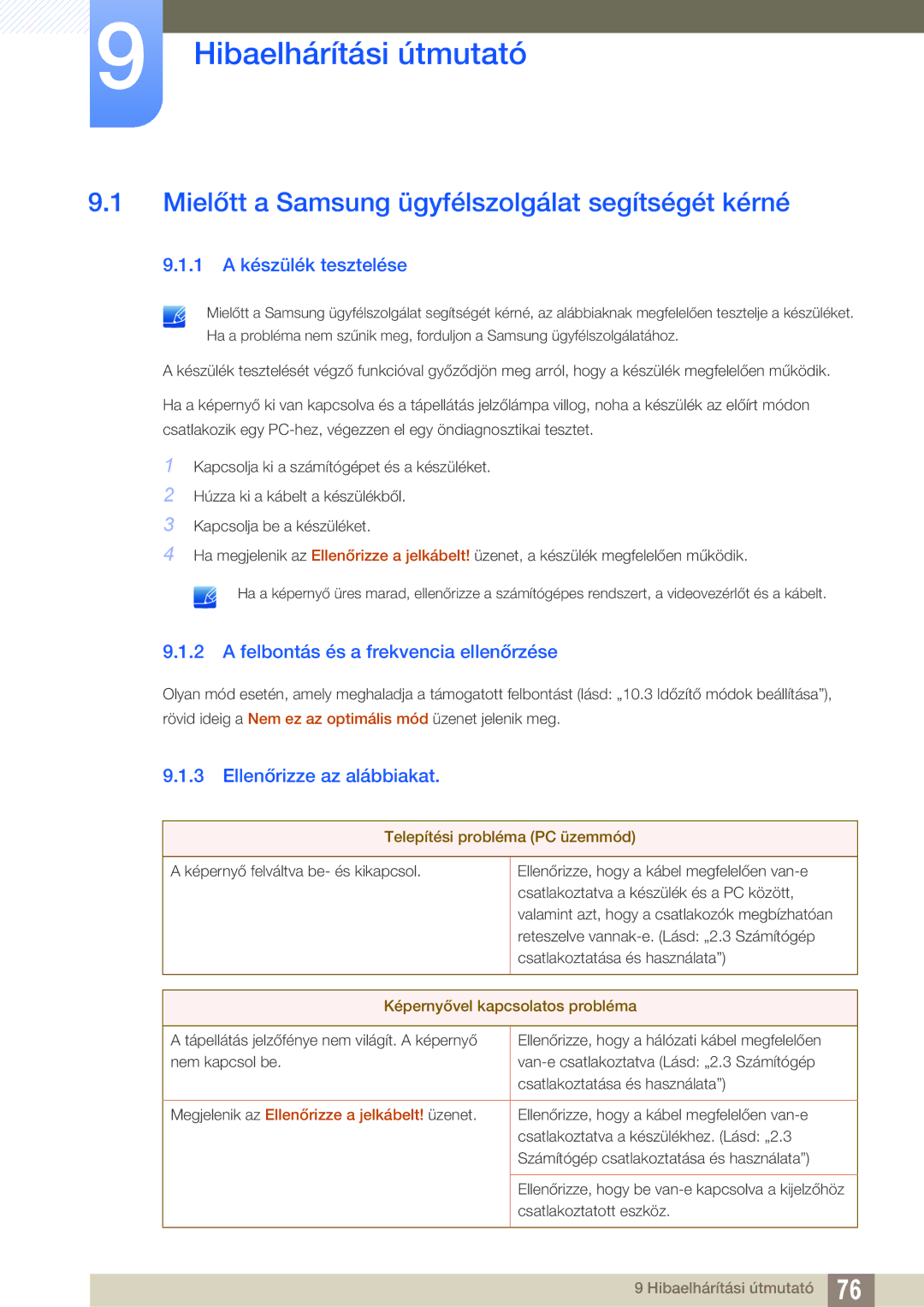 Samsung LS27C45UDS/EN Hibaelhárítási útmutató, Mielőtt a Samsung ügyfélszolgálat segítségét kérné, 1 a készülék tesztelése 