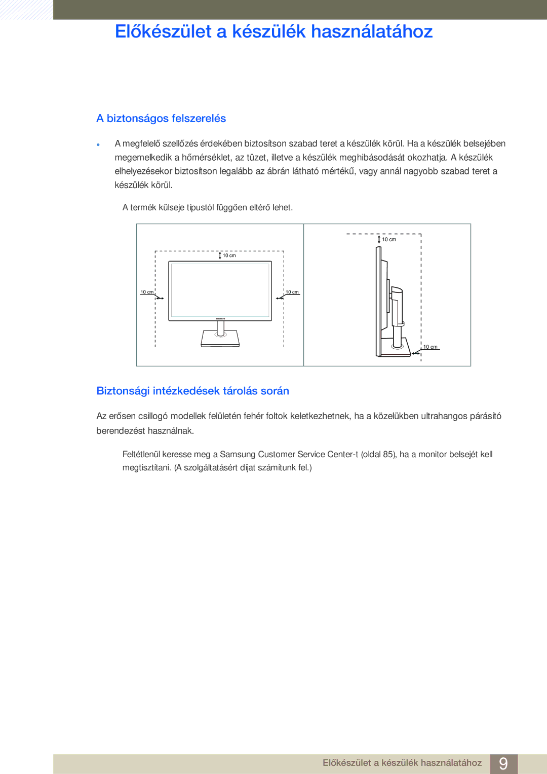 Samsung LS24C45UDW/EN, LS27C45UDS/EN manual Biztonságos felszerelés, Biztonsági intézkedések tárolás során 