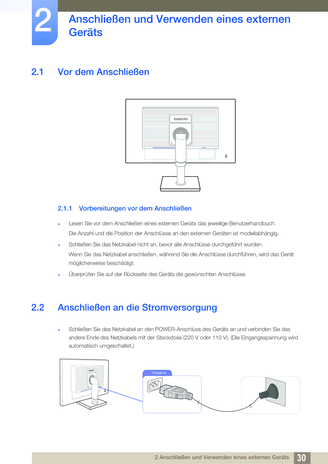 Samsung LS27C45UDS/EN manual AnschließenGeräts und Verwenden eines externen, Vor dem Anschließen 