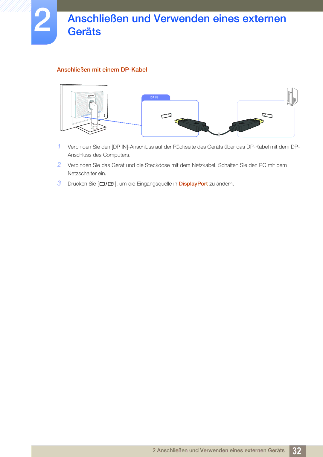 Samsung LS27C45UDS/EN manual Anschließen mit einem DP-Kabel 