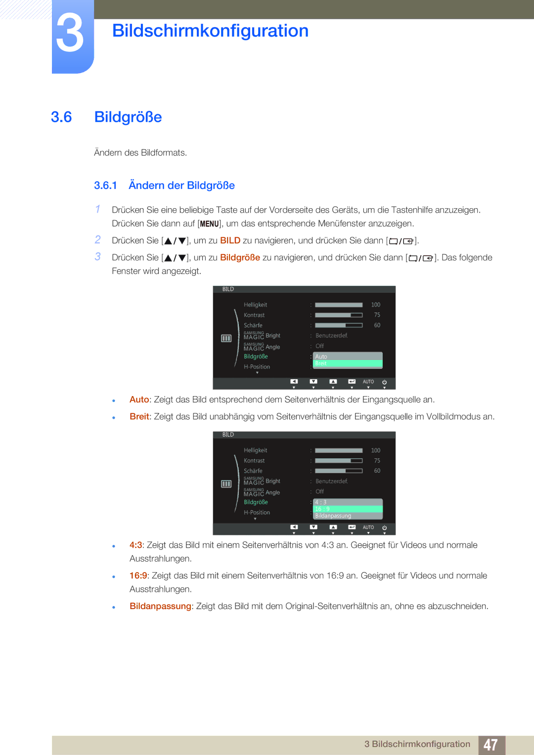 Samsung LS27C45UDS/EN manual 1 Ändern der Bildgröße 