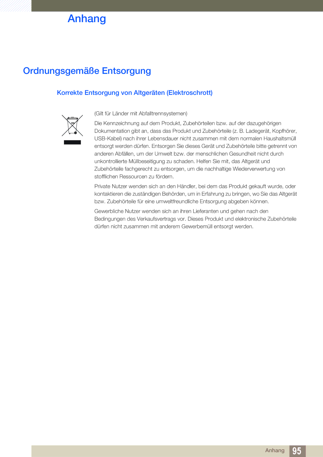 Samsung LS27C45UDS/EN manual Ordnungsgemäße Entsorgung, Korrekte Entsorgung von Altgeräten Elektroschrott 