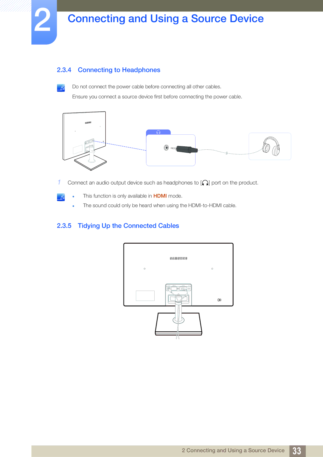 Samsung LS27C750PSA/CI, LS27C570HS/EN, LS24C750PS/EN manual Connecting to Headphones, Tidying Up the Connected Cables 