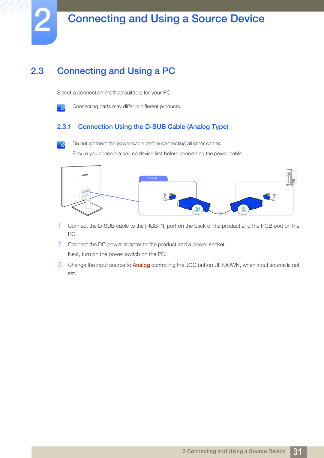 Samsung LS27C750PS/ZR, LS27C570HS/EN, LS24C750PS/EN Connecting and Using a PC, Connection Using the D-SUB Cable Analog Type 