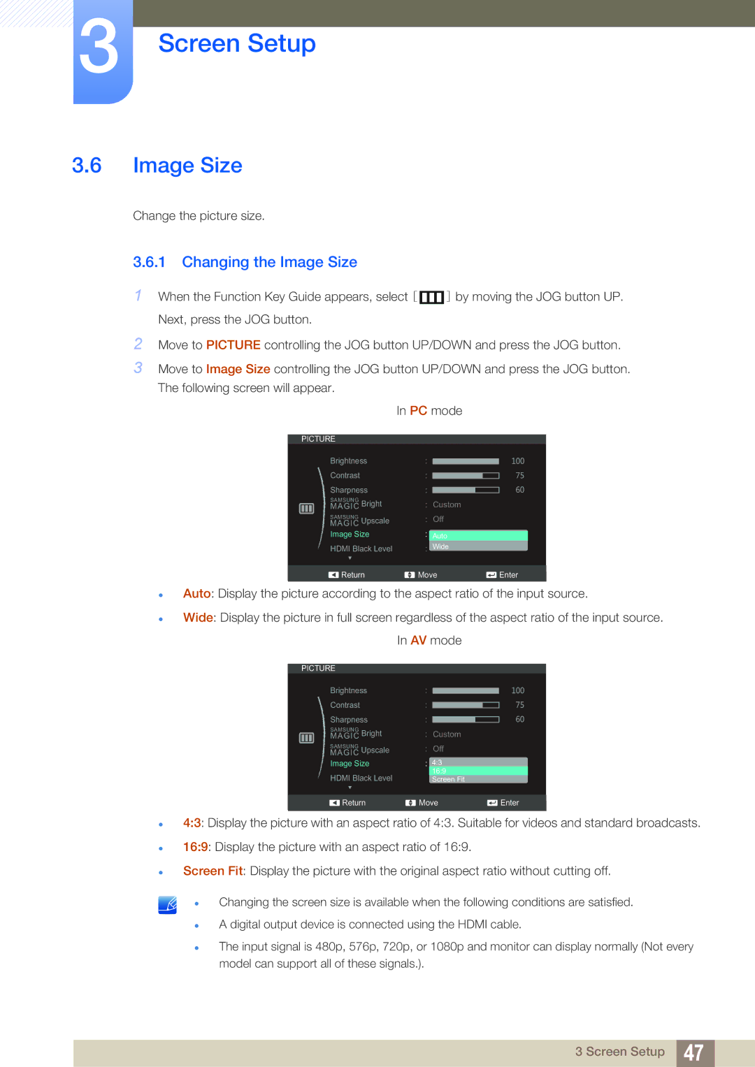 Samsung LS24C750PS/CH, LS27C570HS/EN, LS24C750PS/EN, LS22C570HS/EN, LS27C750PS/EN, LS24C570HL/EN Changing the Image Size 