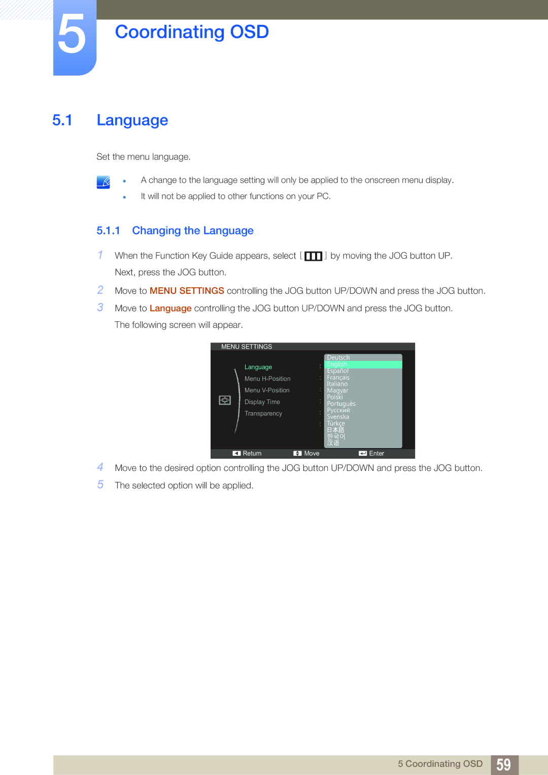 Samsung LS22C570HSX/CI, LS27C570HS/EN, LS24C750PS/EN, LS22C570HS/EN manual Coordinating OSD, Changing the Language 