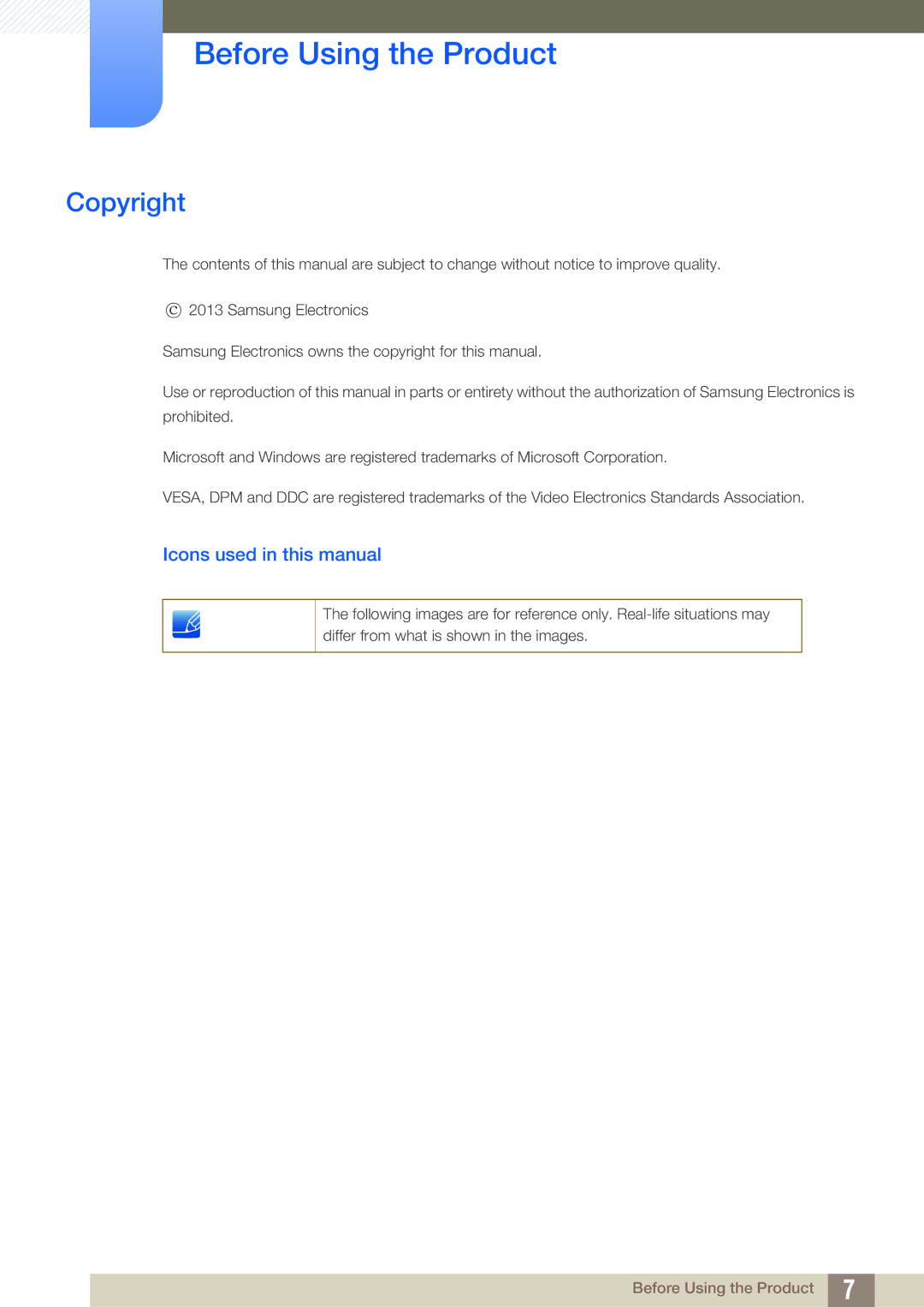 Samsung LS27C750PS/ZR, LS27C570HS/EN, LS24C750PS/EN Before Using the Product, Copyright, Icons used in this manual 