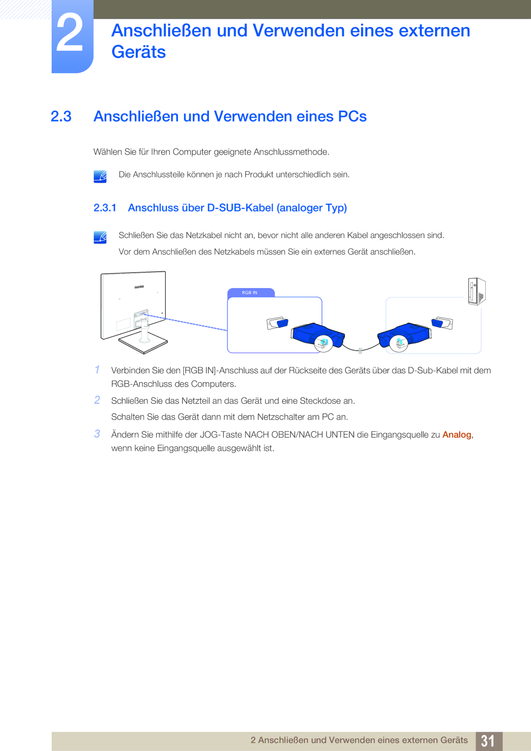 Samsung LS24C750PS/EN, LS27C570HS/EN manual Anschließen und Verwenden eines PCs, Anschluss über D-SUB-Kabel analoger Typ 