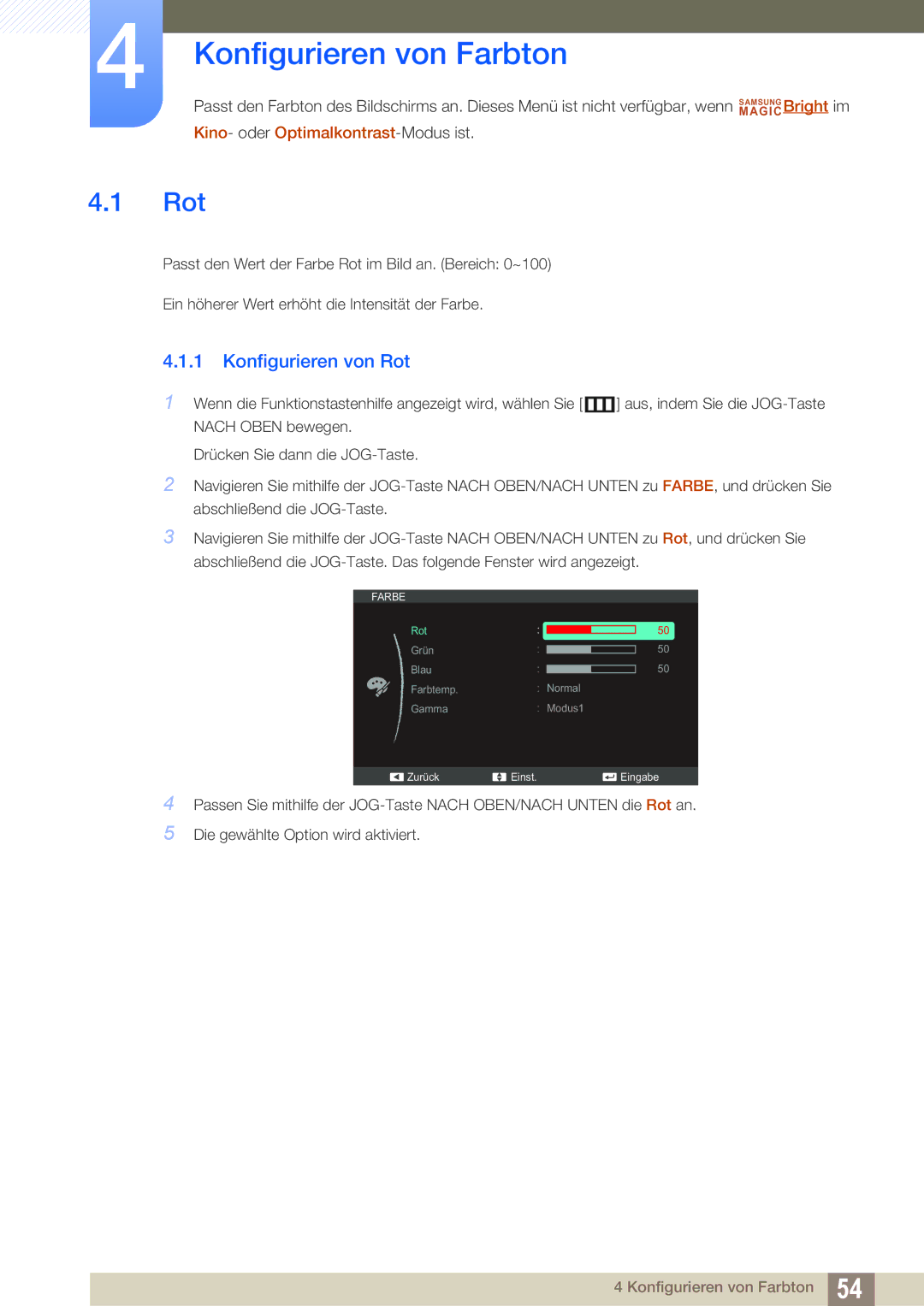 Samsung LS24C570HL/EN, LS27C570HS/EN, LS24C750PS/EN, LS22C570HS/EN manual Konfigurieren von Farbton, Konfigurieren von Rot 